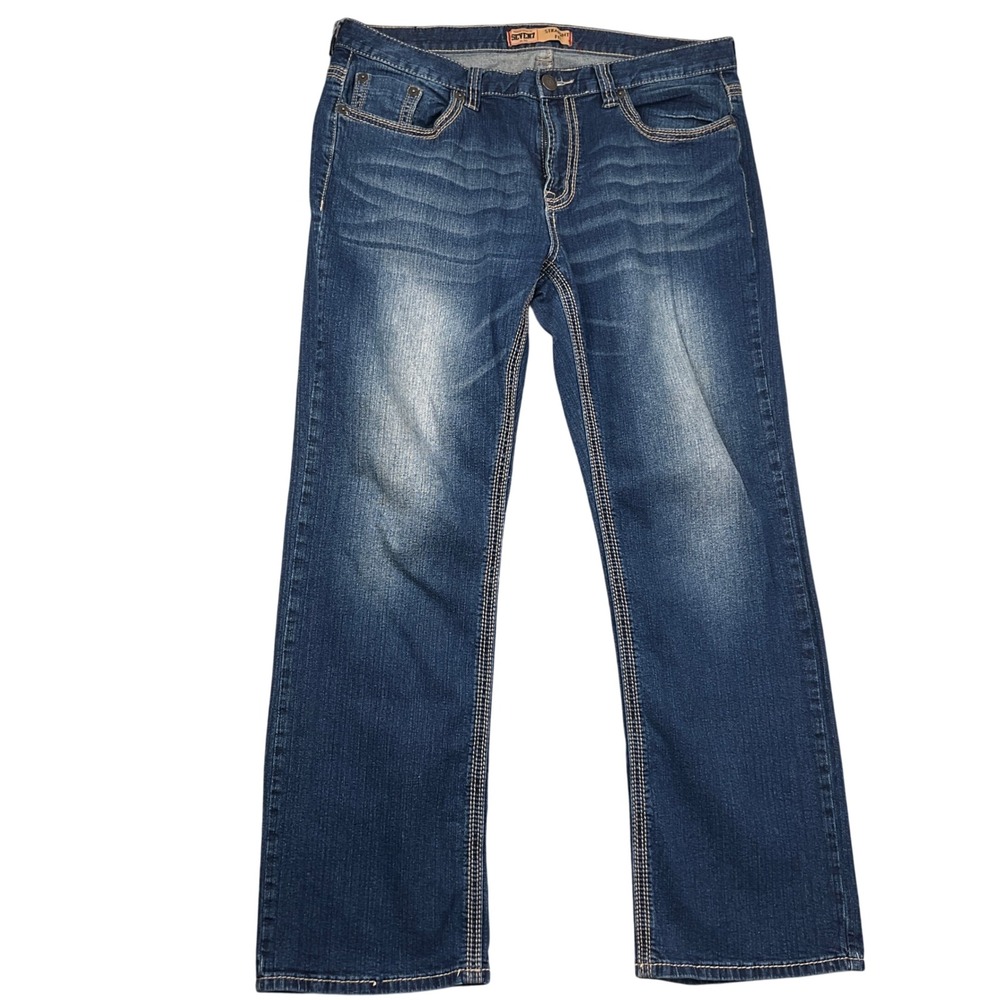 SEVEN7 Jeans Mens 38W 34L Blue Straight Fit Whisker Fade Stretch Premium Denim